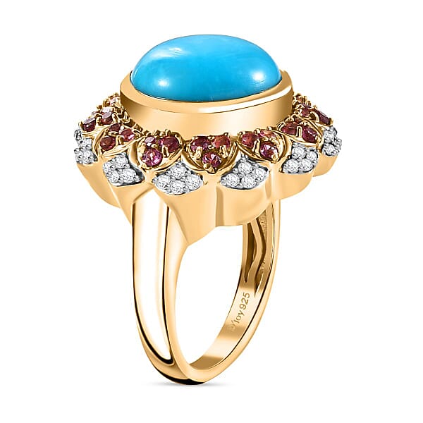 D'Joy Sleeping Beauty Turquoise Multi Gemstone Floral Ring In 18K Vermeil YG Over Sterling Silver 6.30 Ctw