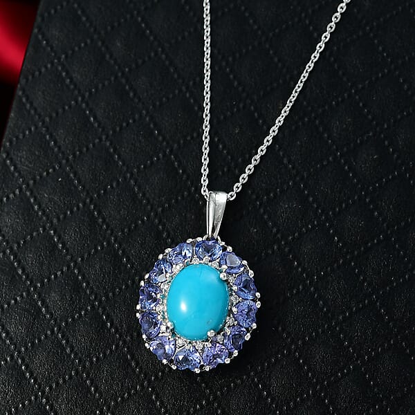 D'Joy Sleeping Beauty Turquoise Multi Gemstone Pendant Necklace In Rhodium Over Sterling Silver 4.50 Ctw (20 Inches)