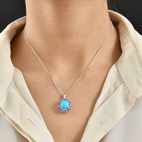 D'Joy Sleeping Beauty Turquoise Multi Gemstone Pendant Necklace In Rhodium Over Sterling Silver 4.50 Ctw (20 Inches)