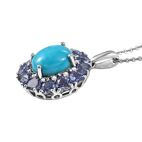 D'Joy Sleeping Beauty Turquoise Multi Gemstone Pendant Necklace In Rhodium Over Sterling Silver 4.50 Ctw (20 Inches)