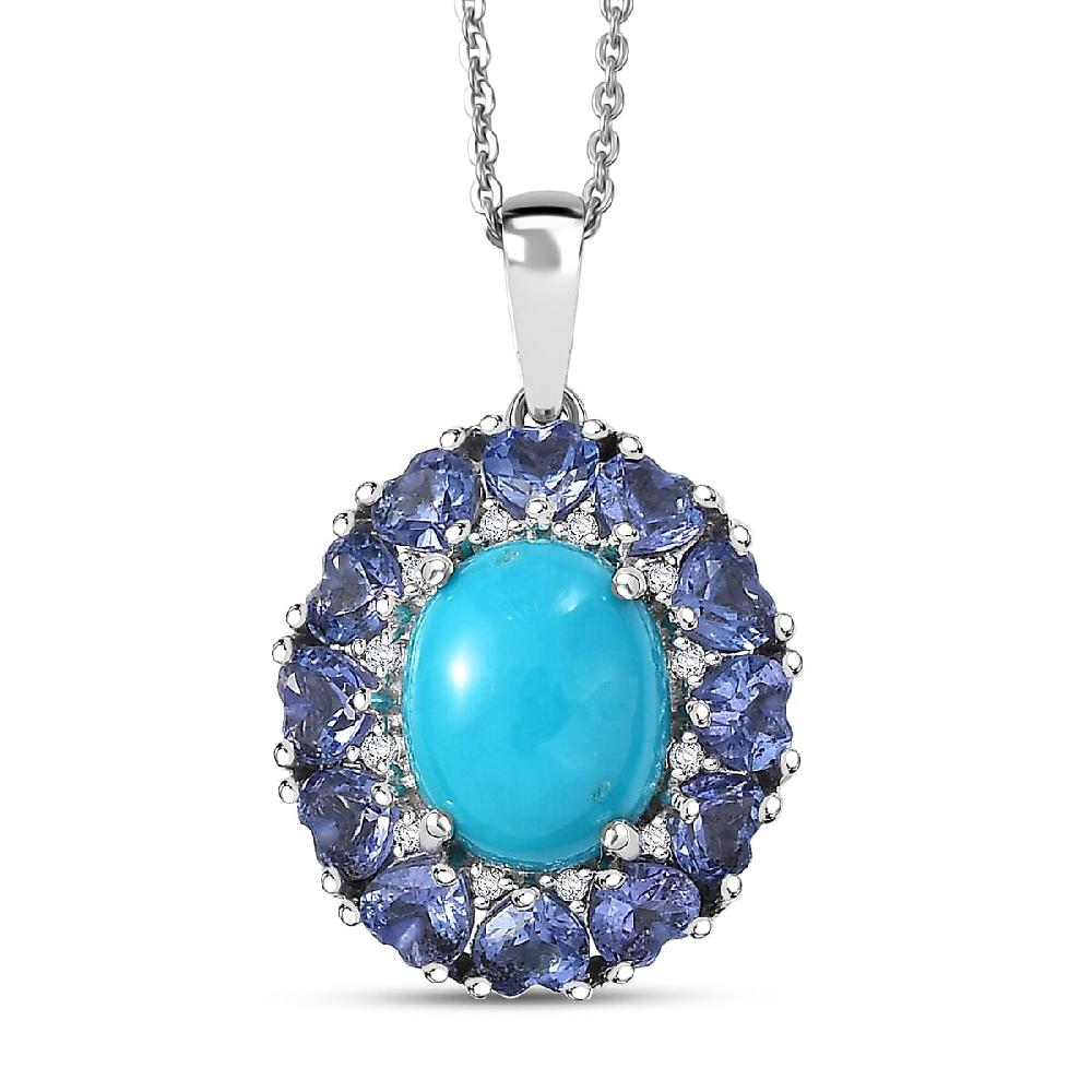 D'Joy Sleeping Beauty Turquoise Multi Gemstone Pendant Necklace in Rhodium Over Sterling Silver 4.50 ctw (20 Inches)