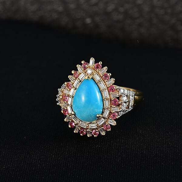D'Joy Sleeping Beauty Turquoise Multi Gemstone Ring In 18K Vermeil YG Over Sterling Silver 3.80 Ctw