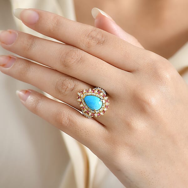 D'Joy Sleeping Beauty Turquoise Multi Gemstone Ring In 18K Vermeil YG Over Sterling Silver 3.80 Ctw