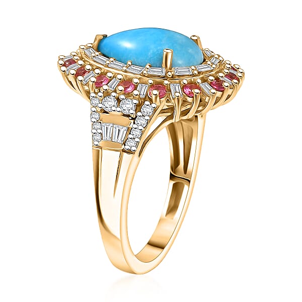 D'Joy Sleeping Beauty Turquoise Multi Gemstone Ring In 18K Vermeil YG Over Sterling Silver 3.80 Ctw