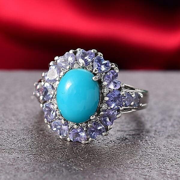 D'Joy Sleeping Beauty Turquoise Multi Gemstone Ring In Rhodium Over Sterling Silver 4.85 Ctw