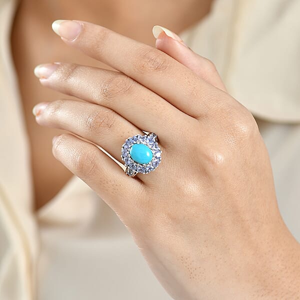 D'Joy Sleeping Beauty Turquoise Multi Gemstone Ring In Rhodium Over Sterling Silver 4.85 Ctw