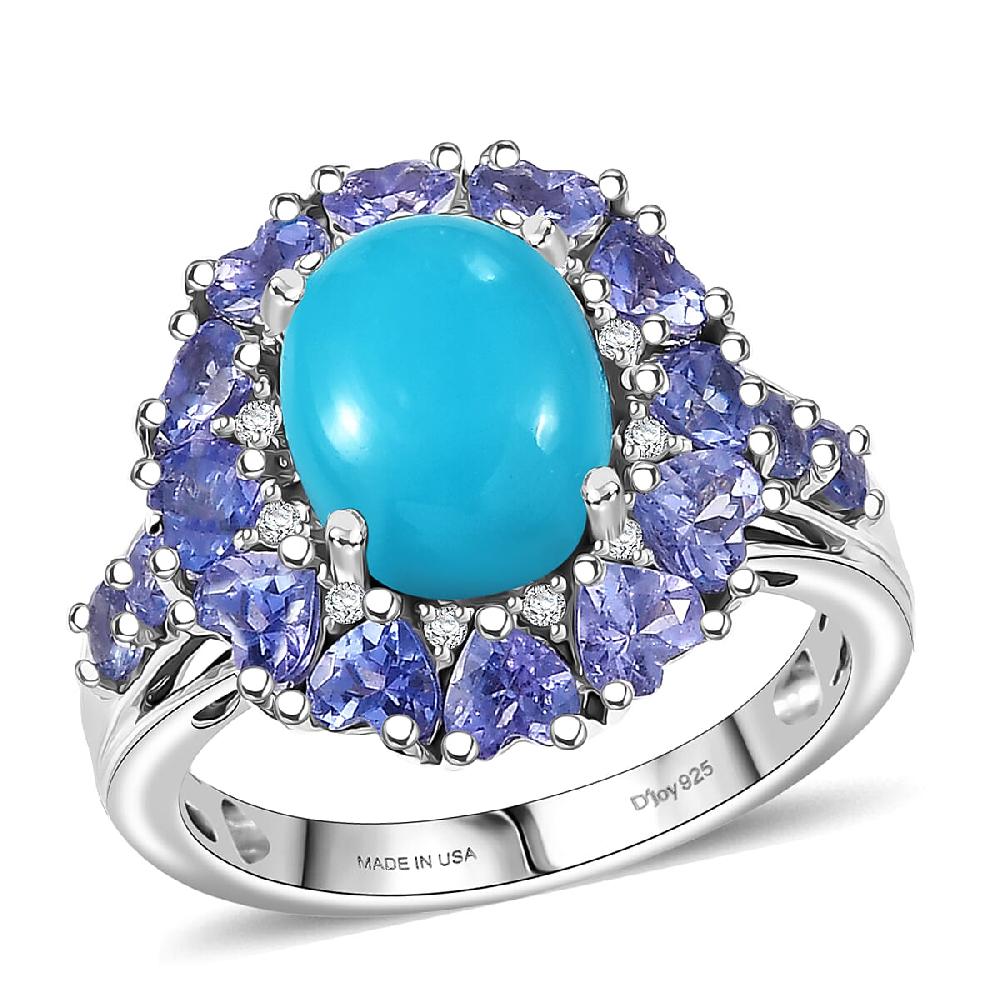 D'Joy Sleeping Beauty Turquoise Multi Gemstone Ring in Rhodium Over Sterling Silver 4.85 ctw