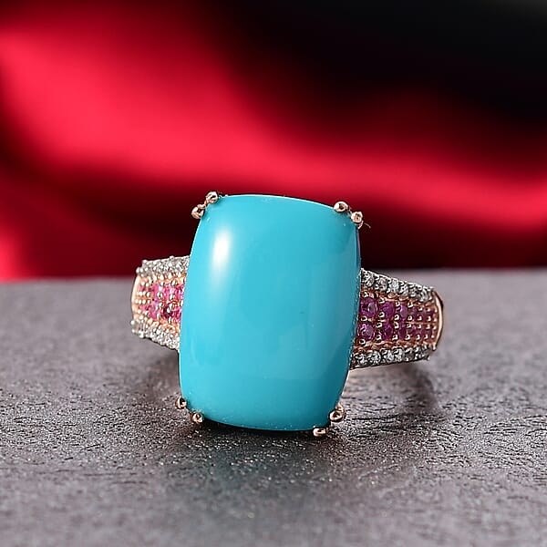 D'Joy Sleeping Beauty Turquoise Multi Gemstone Ring In 18K Vermeil RG Over Sterling Silver 8.00 Ctw