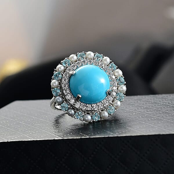 D'Joy Sleeping Beauty Turquoise Multi Gemstone Royal Halo Crest Ring In Rhodium Over Sterling Silver 8.65 Ctw