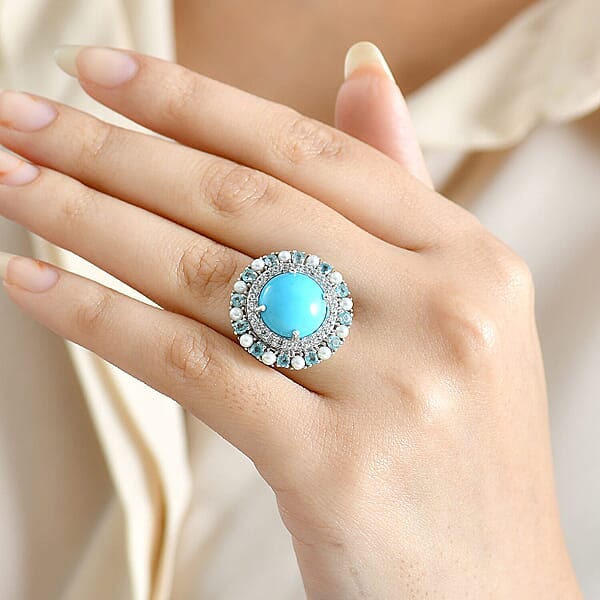 D'Joy Sleeping Beauty Turquoise Multi Gemstone Royal Halo Crest Ring In Rhodium Over Sterling Silver 8.65 Ctw