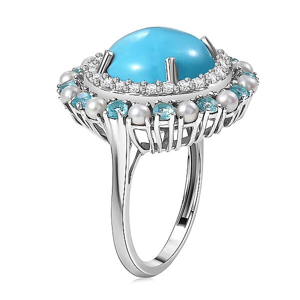 D'Joy Sleeping Beauty Turquoise Multi Gemstone Royal Halo Crest Ring In Rhodium Over Sterling Silver 8.65 Ctw
