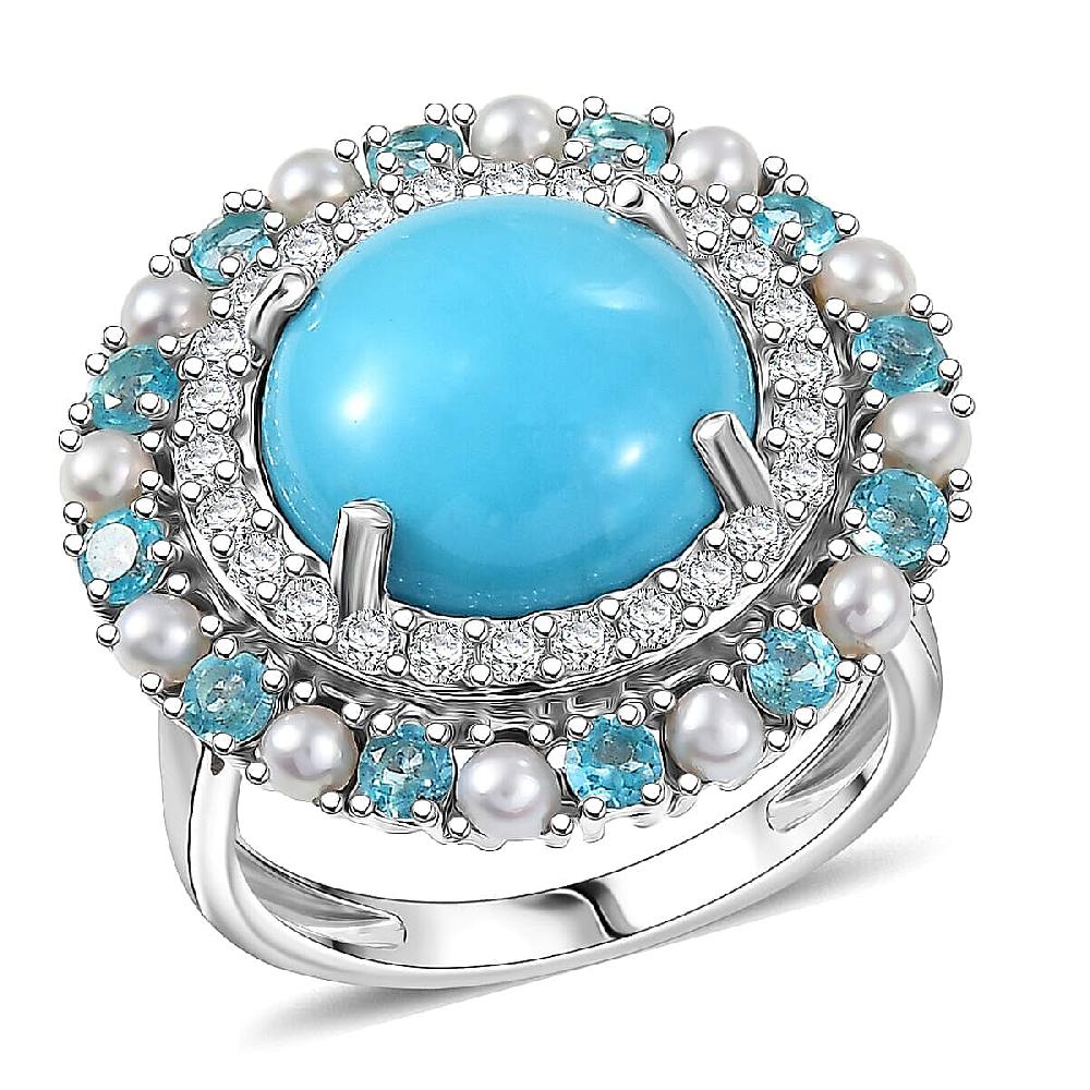 D'Joy Sleeping Beauty Turquoise Multi Gemstone Royal Halo Crest Ring in Rhodium Over Sterling Silver 8.65 ctw