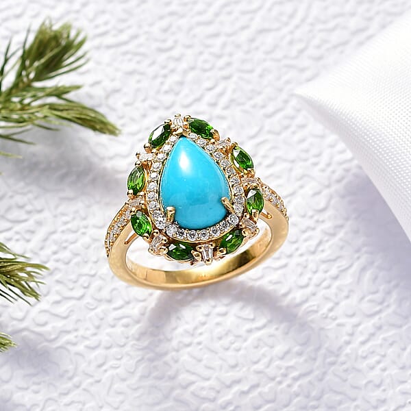 D' Joy Sleeping Beauty Turquoise Multi Gemstone Sunburst Halo Ring In 18K Vermeil YG Over Sterling Silver 4.10 Ctw