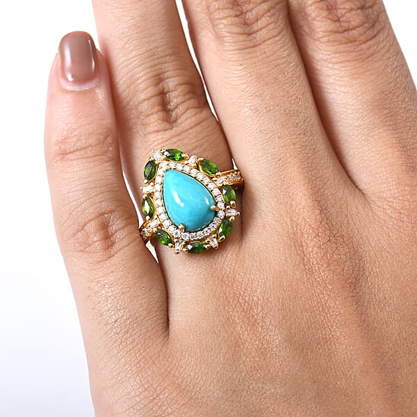 D' Joy Sleeping Beauty Turquoise Multi Gemstone Sunburst Halo Ring In 18K Vermeil YG Over Sterling Silver 4.10 Ctw