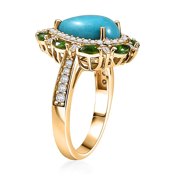 D' Joy Sleeping Beauty Turquoise Multi Gemstone Sunburst Halo Ring In 18K Vermeil YG Over Sterling Silver 4.10 Ctw