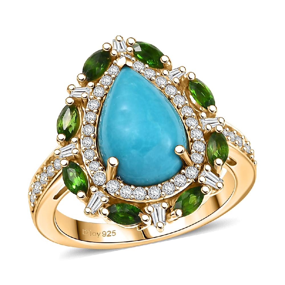 D' Joy Sleeping Beauty Turquoise Multi Gemstone Sunburst Halo Ring in 18K Vermeil YG Over Sterling Silver 4.10 ctw