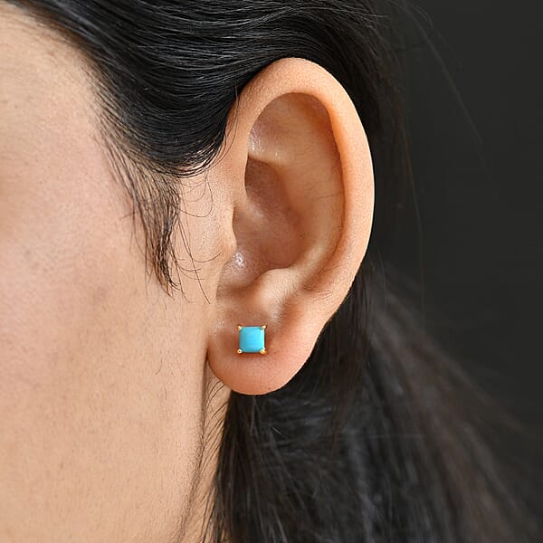 D'Joy Sleeping Beauty Turquoise Solitaire Stud Earrings In 18K Vermeil YG Over Sterling Silver 1.20 Ctw