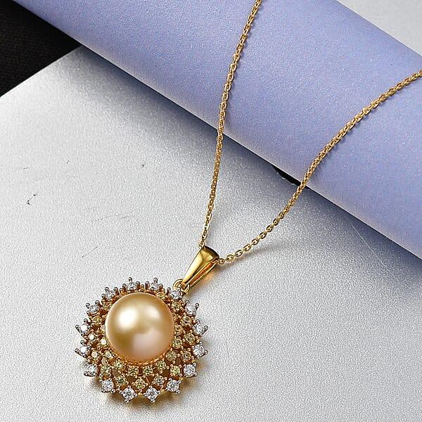 D'Joy South Sea Golden Cultured Pearl And Multi Gemstone 1.00 Ctw Golden Sunflare Pendant Necklace In 18K Vermeil Yellow Gold Over Sterling Silver 20 Inches