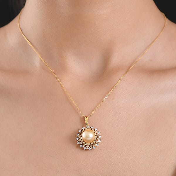 D'Joy South Sea Golden Cultured Pearl And Multi Gemstone 1.00 Ctw Golden Sunflare Pendant Necklace In 18K Vermeil Yellow Gold Over Sterling Silver 20 Inches