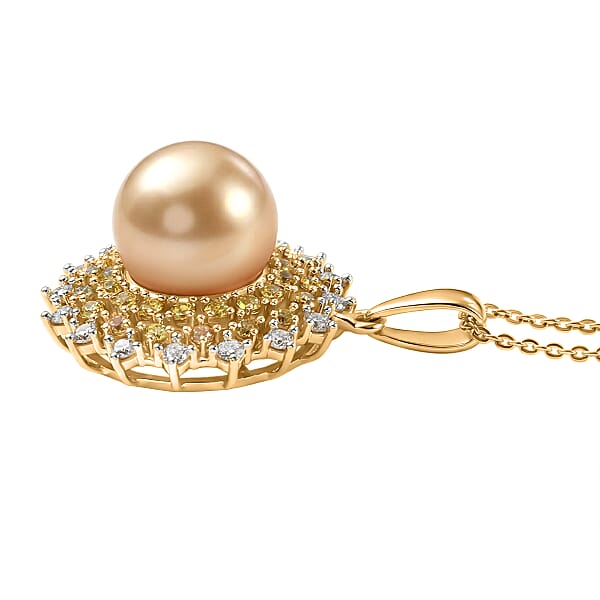 D'Joy South Sea Golden Cultured Pearl And Multi Gemstone 1.00 Ctw Golden Sunflare Pendant Necklace In 18K Vermeil Yellow Gold Over Sterling Silver 20 Inches