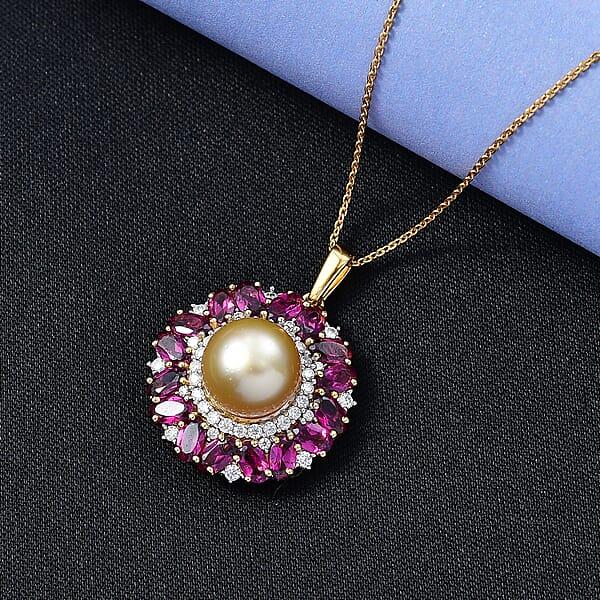 D'Joy South Sea Golden Cultured Pearl And Multi Gemstone 5.35 Ctw Royal Bloom Pendant Necklace In 18K Vermeil Yellow Gold Over Sterling Silver 20 Inches (Del. In 7-10 Days)