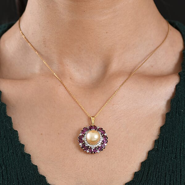 D'Joy South Sea Golden Cultured Pearl And Multi Gemstone 5.35 Ctw Royal Bloom Pendant Necklace In 18K Vermeil Yellow Gold Over Sterling Silver 20 Inches (Del. In 7-10 Days)