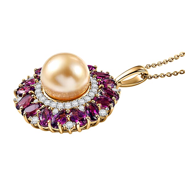 D'Joy South Sea Golden Cultured Pearl And Multi Gemstone 5.35 Ctw Royal Bloom Pendant Necklace In 18K Vermeil Yellow Gold Over Sterling Silver 20 Inches (Del. In 7-10 Days)