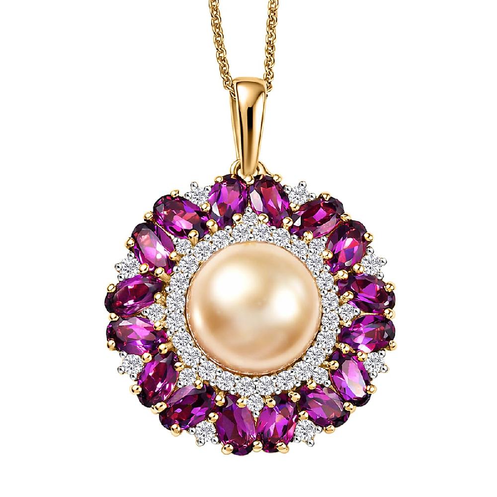 D'Joy South Sea Golden Cultured Pearl and Multi Gemstone 5.35 ctw Royal Bloom Pendant Necklace in 18K Vermeil Yellow Gold Over Sterling Silver 20 Inches (Del. in 7-10 Days)
