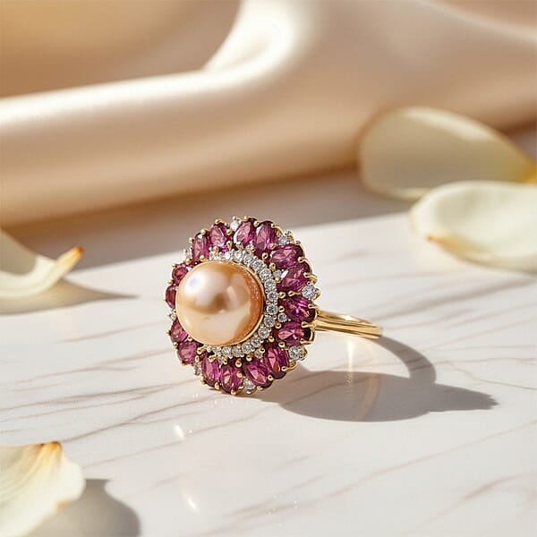 D'Joy South Sea Golden Cultured Pearl And Multi Gemstone 5.50 Ctw Royal Bloom Ring In 18K Vermeil Yellow Gold Over Sterling Silver (Del. In 7-10 Days)