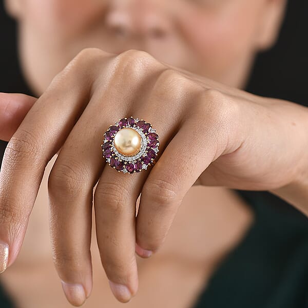 D'Joy South Sea Golden Cultured Pearl And Multi Gemstone 5.50 Ctw Royal Bloom Ring In 18K Vermeil Yellow Gold Over Sterling Silver (Del. In 7-10 Days)
