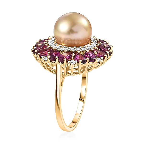 D'Joy South Sea Golden Cultured Pearl And Multi Gemstone 5.50 Ctw Royal Bloom Ring In 18K Vermeil Yellow Gold Over Sterling Silver (Del. In 7-10 Days)