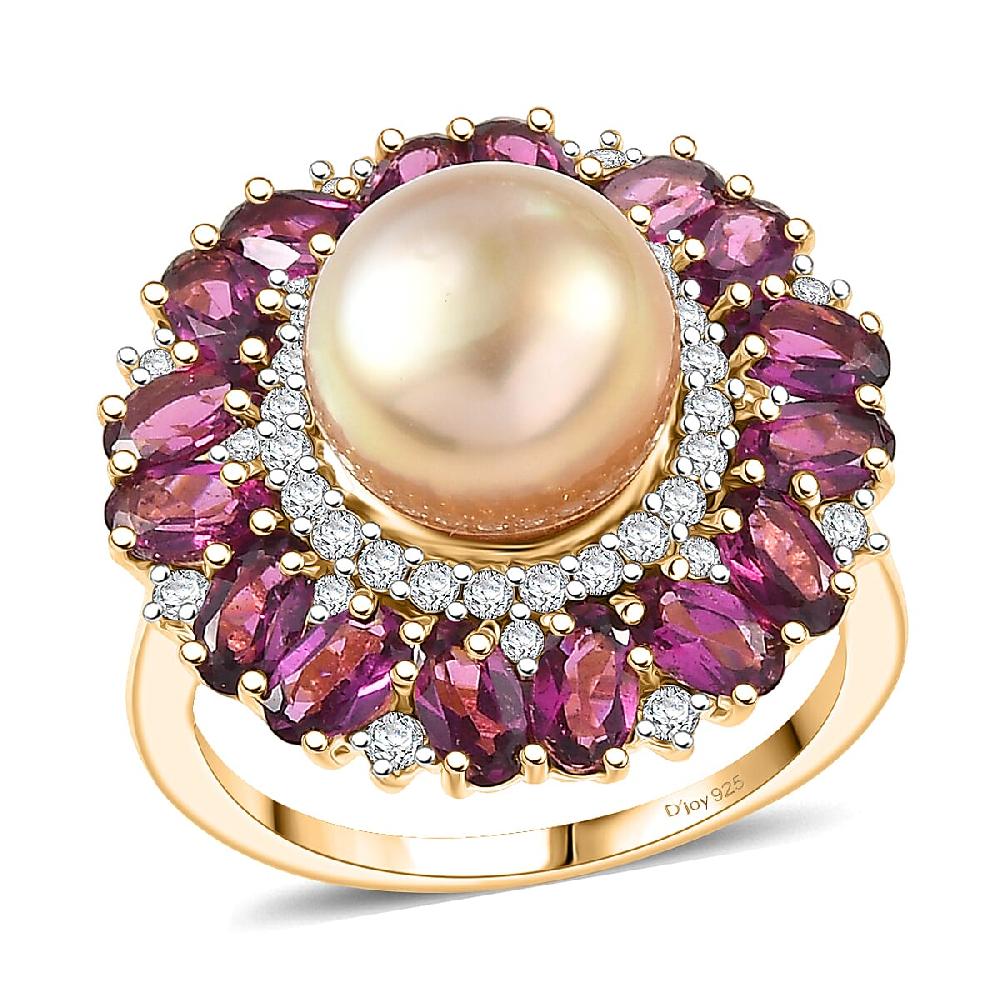 D'Joy South Sea Golden Cultured Pearl and Multi Gemstone 5.50 ctw Royal Bloom Ring in 18K Vermeil Yellow Gold Over Sterling Silver (Del. in 7-10 Days)