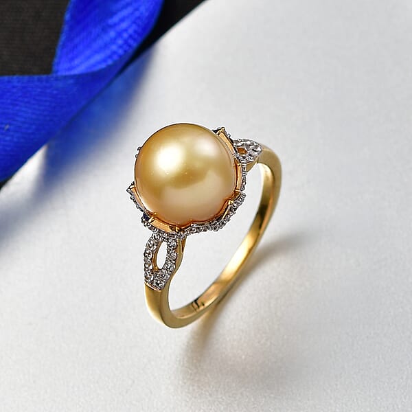 D'Joy South Sea Golden Cultured Pearl And White Zircon 1.10 Ctw Sunbeam Loop Ring In 18K Vermeil Yellow Gold Over Sterling Silver