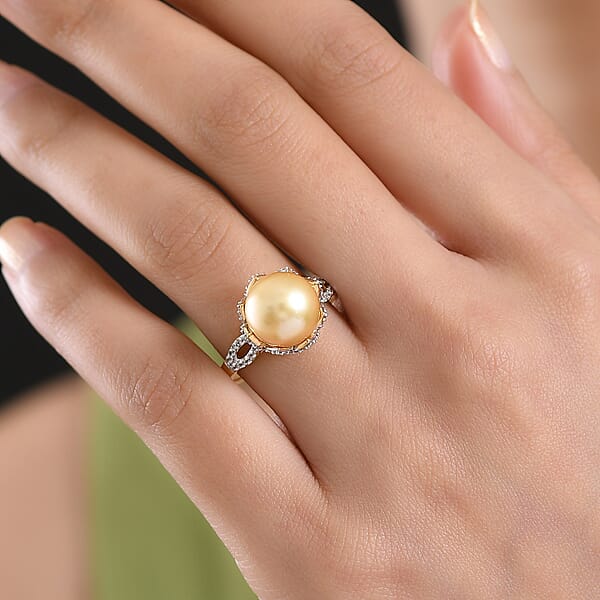 D'Joy South Sea Golden Cultured Pearl And White Zircon 1.10 Ctw Sunbeam Loop Ring In 18K Vermeil Yellow Gold Over Sterling Silver