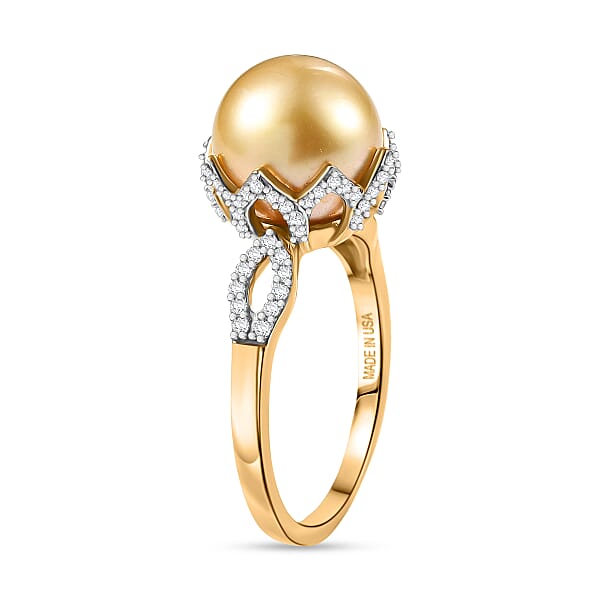 D'Joy South Sea Golden Cultured Pearl And White Zircon 1.10 Ctw Sunbeam Loop Ring In 18K Vermeil Yellow Gold Over Sterling Silver