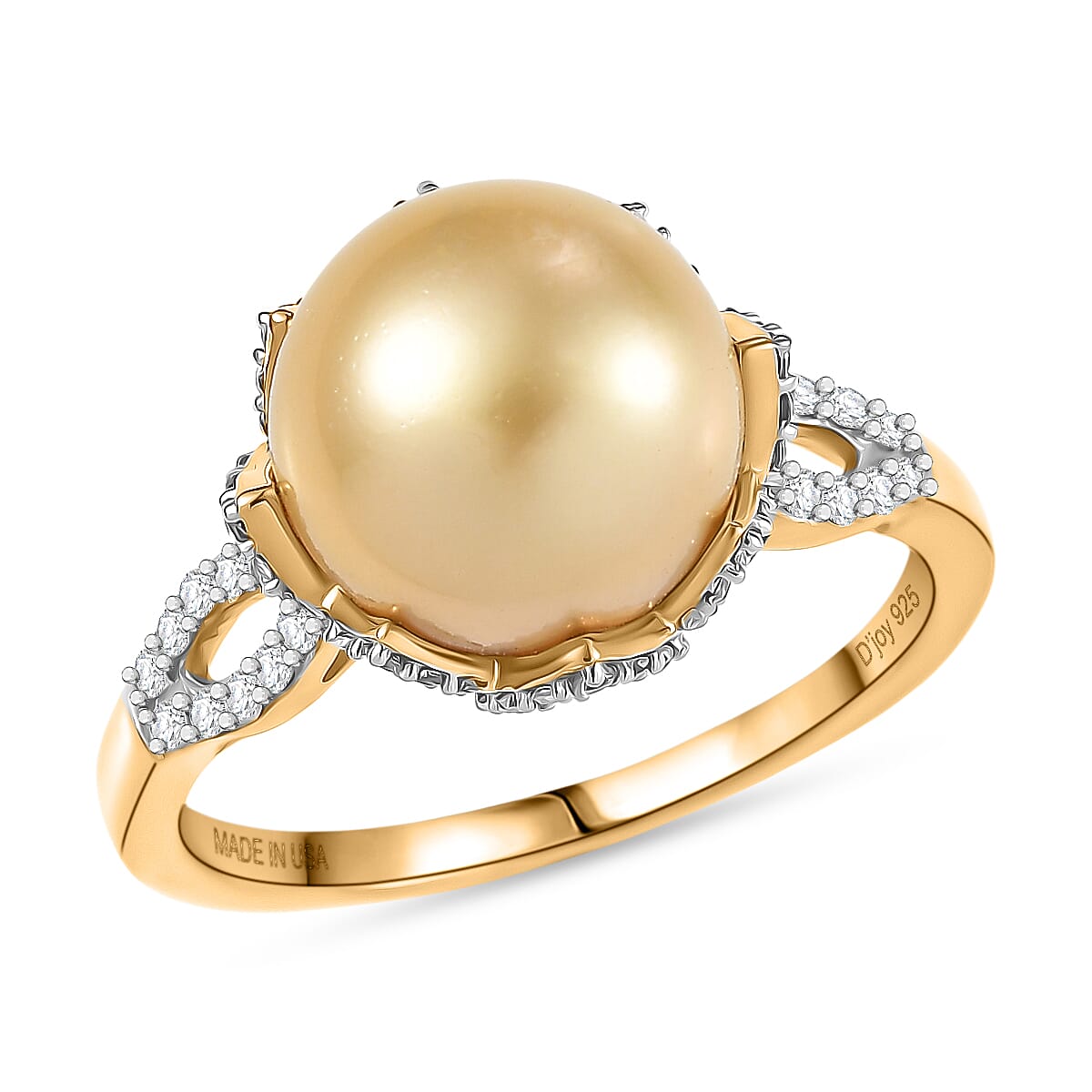 D'Joy South Sea Golden Cultured Pearl and White Zircon 1.10 ctw Sunbeam Loop Ring in 18K Vermeil Yellow Gold Over Sterling Silver