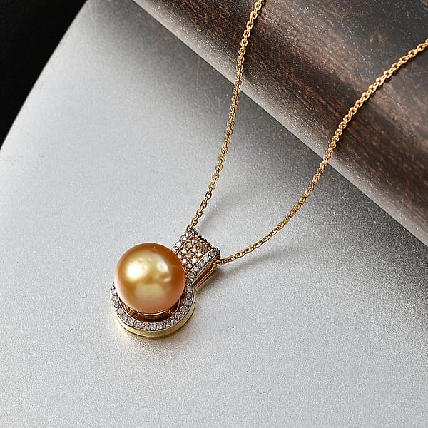 D'Joy South Sea Golden Cultured Pearl Natural Champagne And White Diamond 0.30 Ctw Golden Glow Pendant Necklace In 18K Vermeil Yellow Gold Over Sterling Silver 20 Inches (Del. In 7-10 Days)