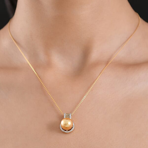 D'Joy South Sea Golden Cultured Pearl Natural Champagne And White Diamond 0.30 Ctw Golden Glow Pendant Necklace In 18K Vermeil Yellow Gold Over Sterling Silver 20 Inches (Del. In 7-10 Days)