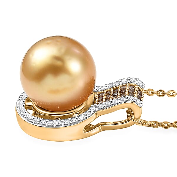 D'Joy South Sea Golden Cultured Pearl Natural Champagne And White Diamond 0.30 Ctw Golden Glow Pendant Necklace In 18K Vermeil Yellow Gold Over Sterling Silver 20 Inches (Del. In 7-10 Days)