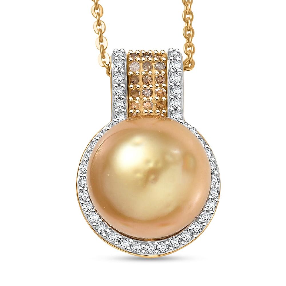 D'Joy South Sea Golden Cultured Pearl Natural Champagne and White Diamond 0.30 ctw Golden Glow Pendant Necklace in 18K Vermeil Yellow Gold Over Sterling Silver 20 Inches (Del. in 7-10 Days)