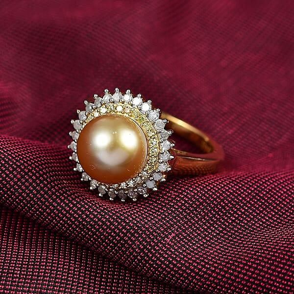 D'Joy South Sea Golden Pearl Natural Yellow And White Diamond Sunburst Halo Ring In 18K Vermeil YG Over Sterling Silver 0.45 Ctw