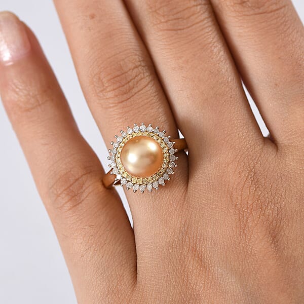 D'Joy South Sea Golden Pearl Natural Yellow And White Diamond Sunburst Halo Ring In 18K Vermeil YG Over Sterling Silver 0.45 Ctw