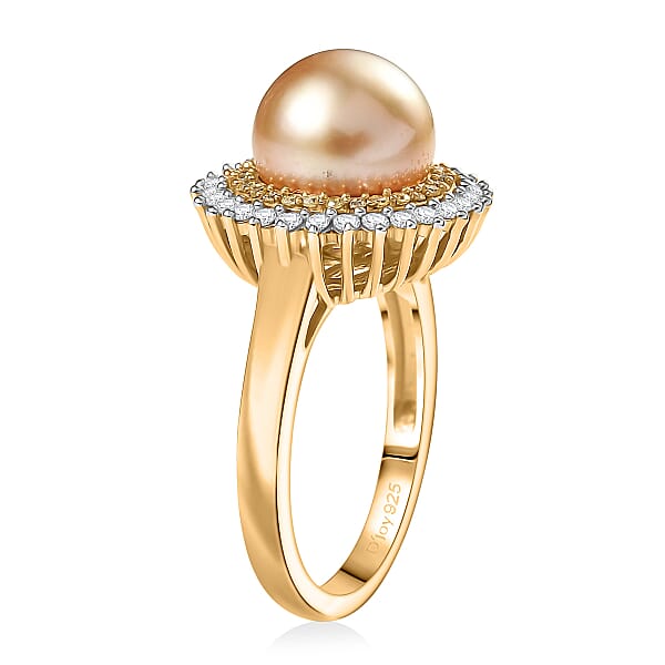 D'Joy South Sea Golden Pearl Natural Yellow And White Diamond Sunburst Halo Ring In 18K Vermeil YG Over Sterling Silver 0.45 Ctw