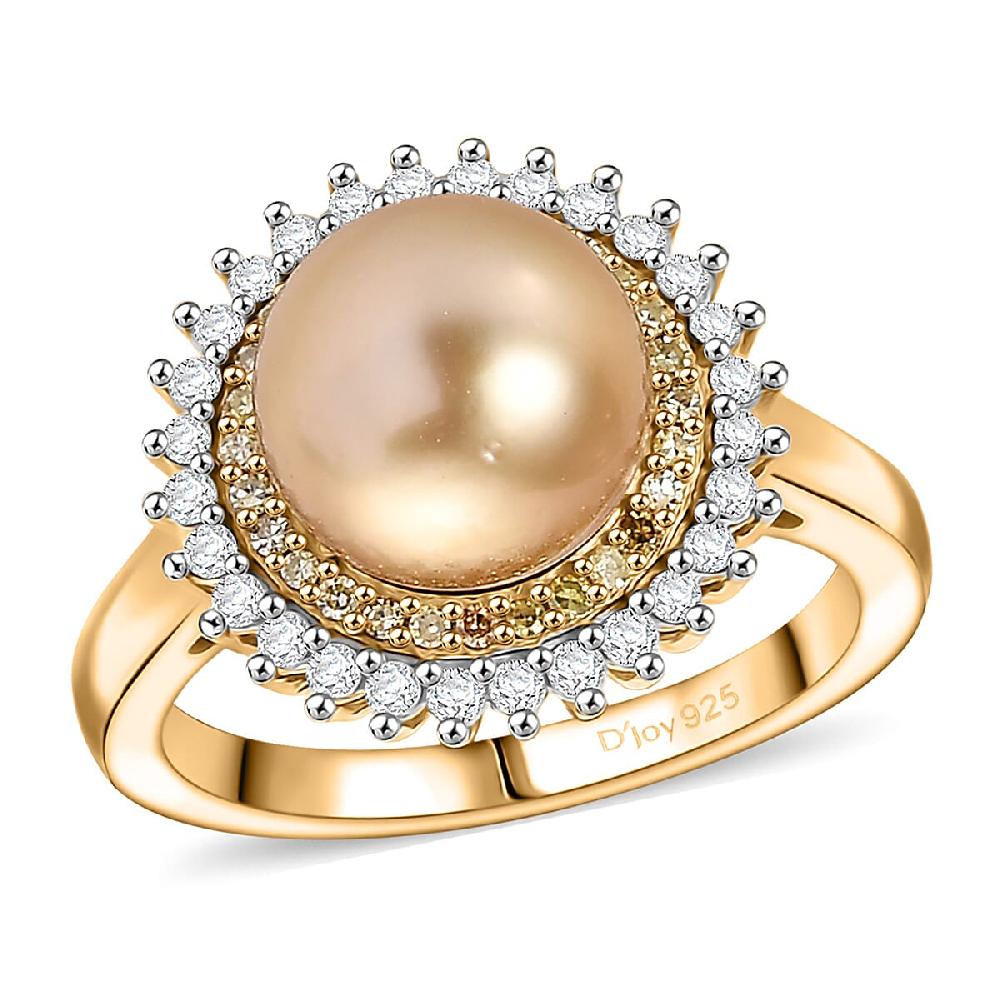 D'Joy South Sea Golden Pearl Natural Yellow and White Diamond Sunburst Halo Ring in 18K Vermeil YG Over Sterling Silver 0.45 ctw