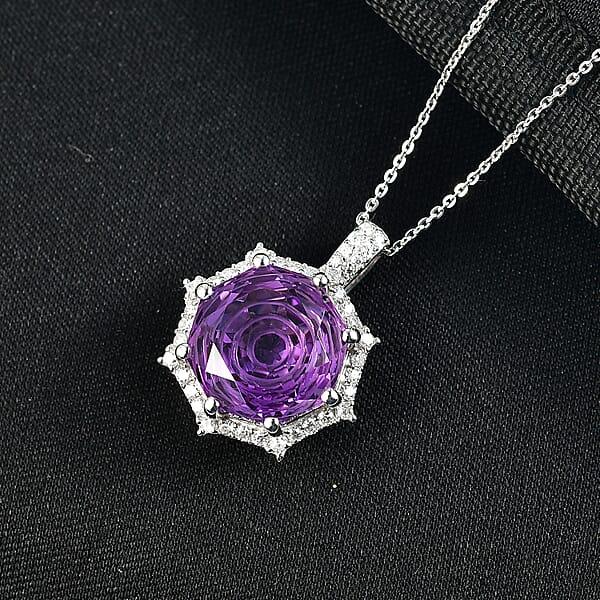 D'Joy Star Illusion Cut African Amethyst And Moissanite 12.40 Ctw Pendant Necklace In Rhodium Over Sterling Silver 20 Inches
