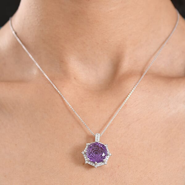 D'Joy Star Illusion Cut African Amethyst And Moissanite 12.40 Ctw Pendant Necklace In Rhodium Over Sterling Silver 20 Inches