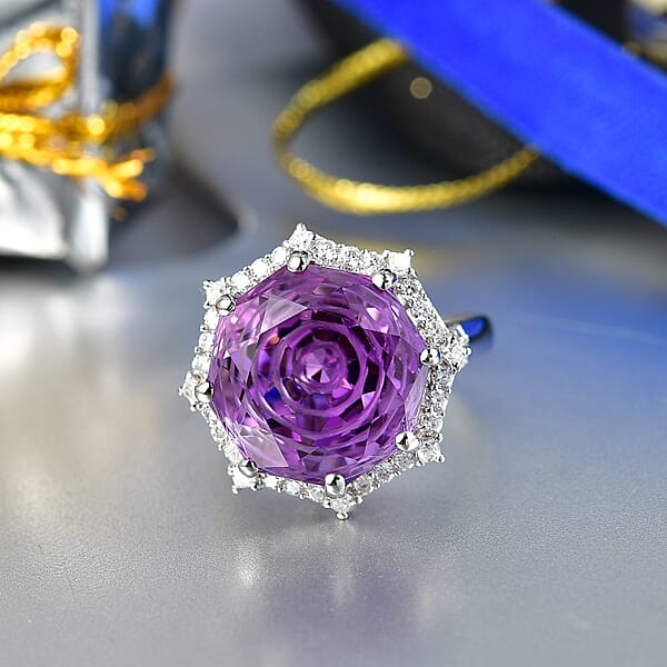 D'Joy Star Illusion Cut African Amethyst And Moissanite 12.50 Ctw Ring In Rhodium Over Sterling Silver