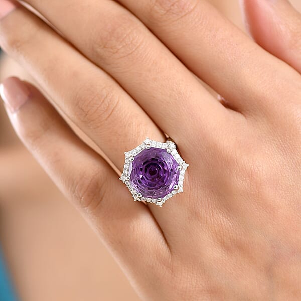 D'Joy Star Illusion Cut African Amethyst And Moissanite 12.50 Ctw Ring In Rhodium Over Sterling Silver
