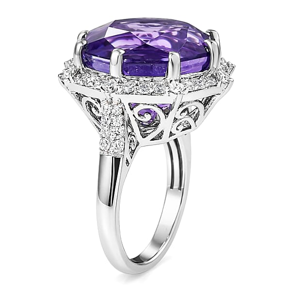 D'Joy Star Illusion Cut African Amethyst And Moissanite 12.50 Ctw Ring In Rhodium Over Sterling Silver