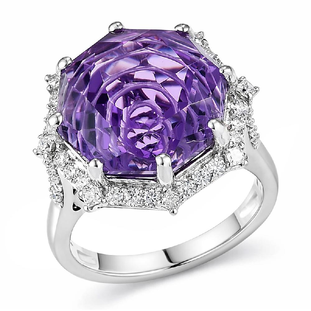 D'Joy Star Illusion Cut African Amethyst and Moissanite 12.50 ctw Ring in Rhodium Over Sterling Silver